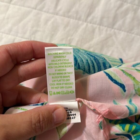 Lilly Pulitzer L Willa Pink Green Tropical Long Flounce Sleeve Front Tie Top - Picture 12 of 12